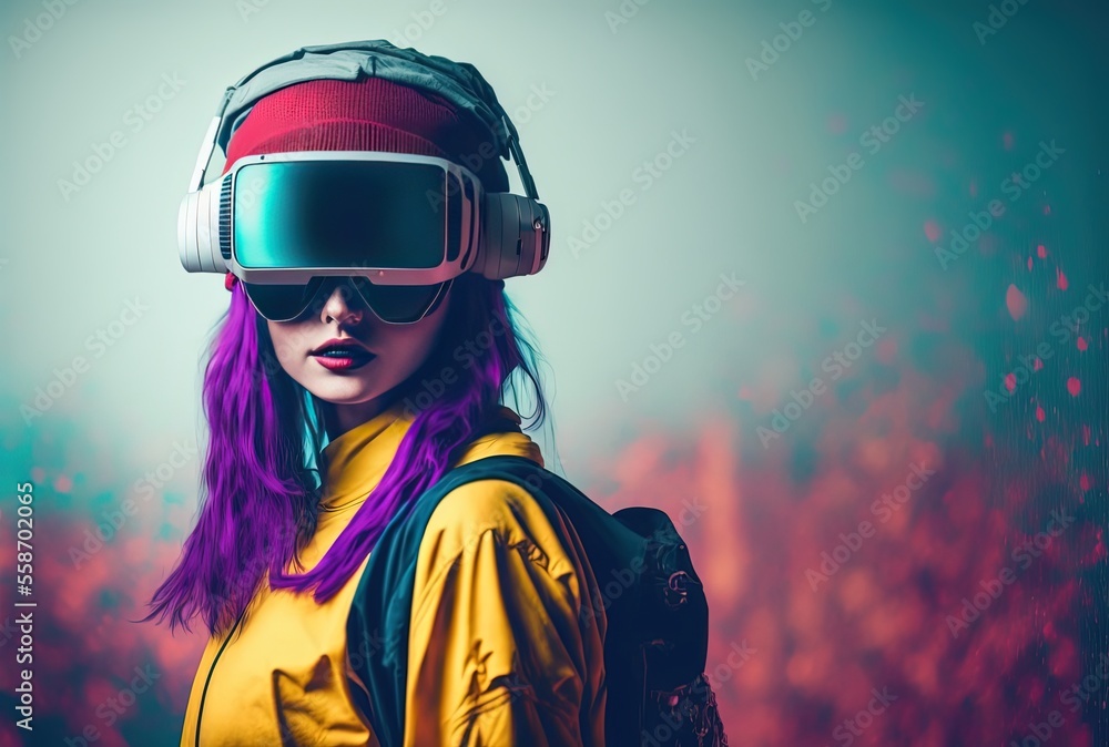 illustration of a beautiful woman wearing Virtual Reality Headset, woman with purple hair wearing oversize t-shirt, dress in minimal pop style illustration of a beautiful woman wearing Virtual Reality Headset, woman with purple hair wearing oversize t-shirt, dress in minimal pop style