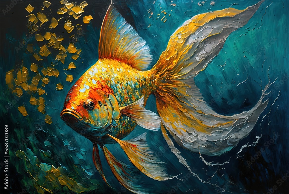 Photo & Art Print oil painting style illustration of a gold fish