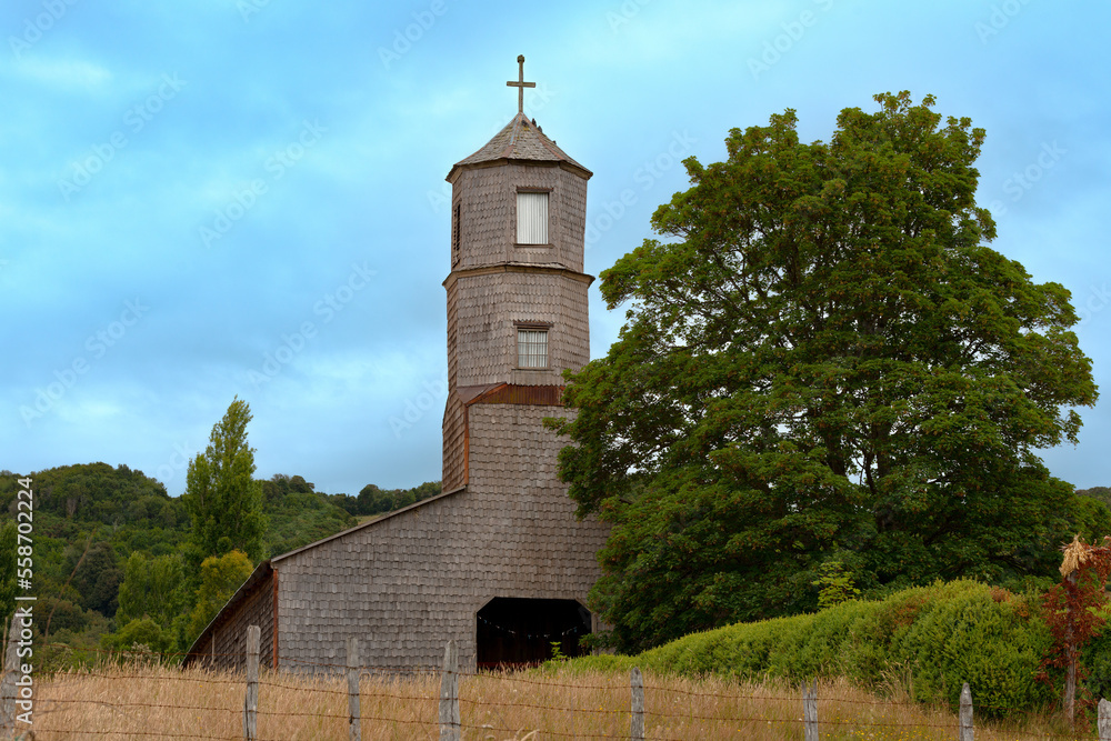 Traditional wood church in the archipelago of Chiloe at the Chilean Lake District, Chile