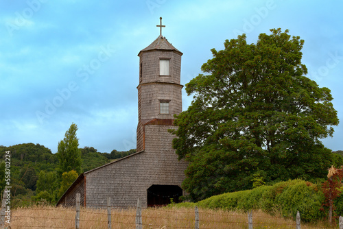 Traditional wood church in the archipelago of Chiloe at the Chilean Lake District, Chile