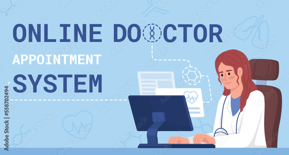 Online doctor appointment system flat vector banner template. Telehealth services. IoT poster, leaflet printable color designs. Editable flyer page with text space. Roboto Mono font used Online doctor appointment system flat vector banner template. Telehealth services. IoT poster, leaflet printable color designs. Editable flyer page with text space. Roboto Mono font used