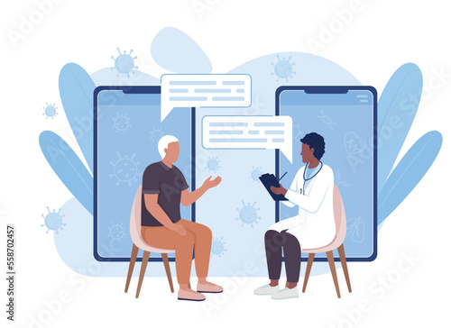 Online communication with male doctor flat concept vector illustration. Visit therapist. Editable 2D cartoon characters on white for web design. Creative idea for website, mobile, presentation
