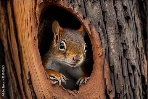 a squirrel is peeking out of a hole in a tree trunk that has been cut open to reveal a hole in the bark of a tree that has been cut down and is in half.