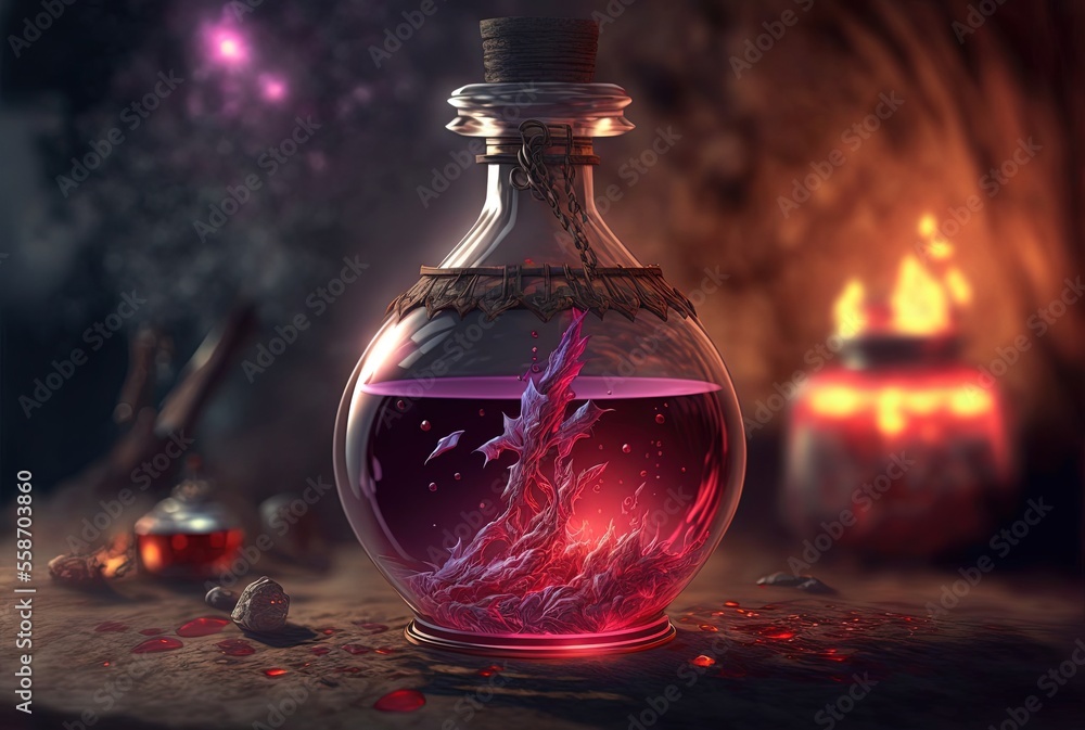 beautiful  special elixir drub potion in glass bottle, idea for videogame item in real life, fantasy light glow bokeh background, stamina potion - obrazy, fototapety, plakaty 