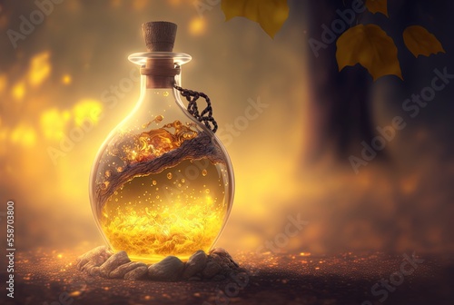 beautiful  special elixir drub potion in glass bottle, idea for videogame item in real life, fantasy light glow bokeh background, vitality potion photo