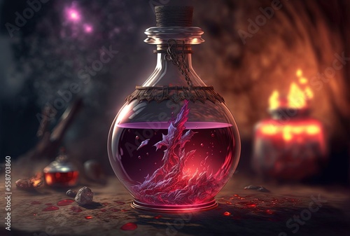 beautiful  special elixir drub potion in glass bottle, idea for videogame item in real life, fantasy light glow bokeh background, stamina potion photo