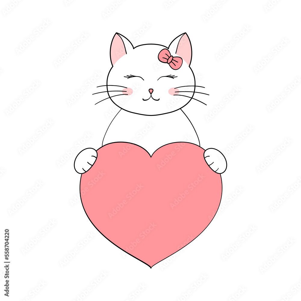 Cute cartoon cat holding a heart in his paws. Valentine's Day greeting card with space for text. Design for invitation, card, flyer, brochure, banner. Little pets in love. A declaration of love