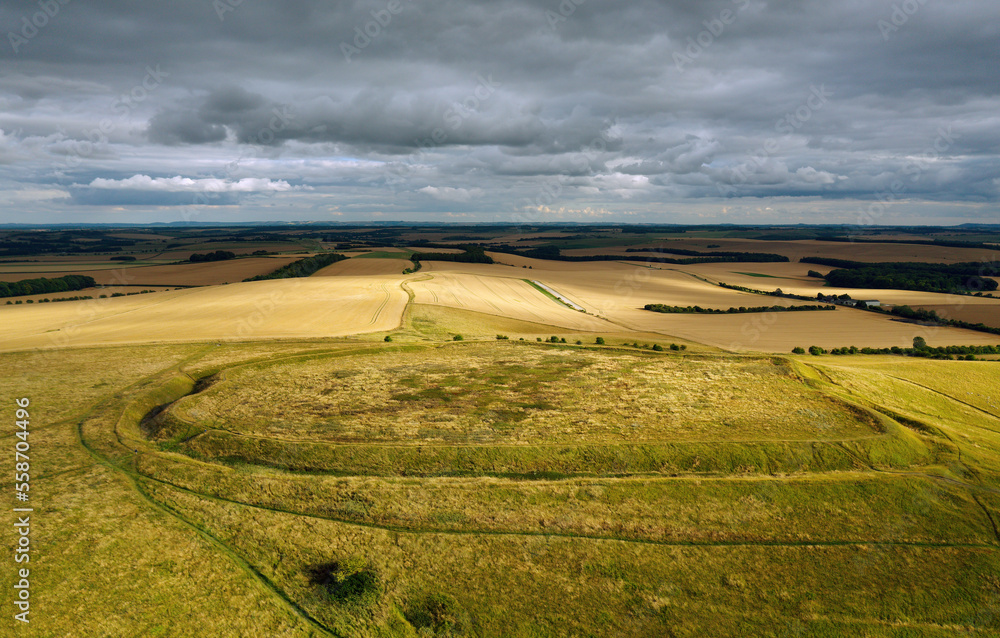 Uffington Castle univallate prehistoric hillfort, dating from late Bronze Age early Iron Age, on the Berkshire Downs, Oxfordshire, England. View south