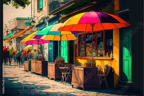 a street scene with people walking and umbrellas on the sidewalk and a storefront with a row of tables and chairs with colorful umbrellas on the side of the street, with people walking.
