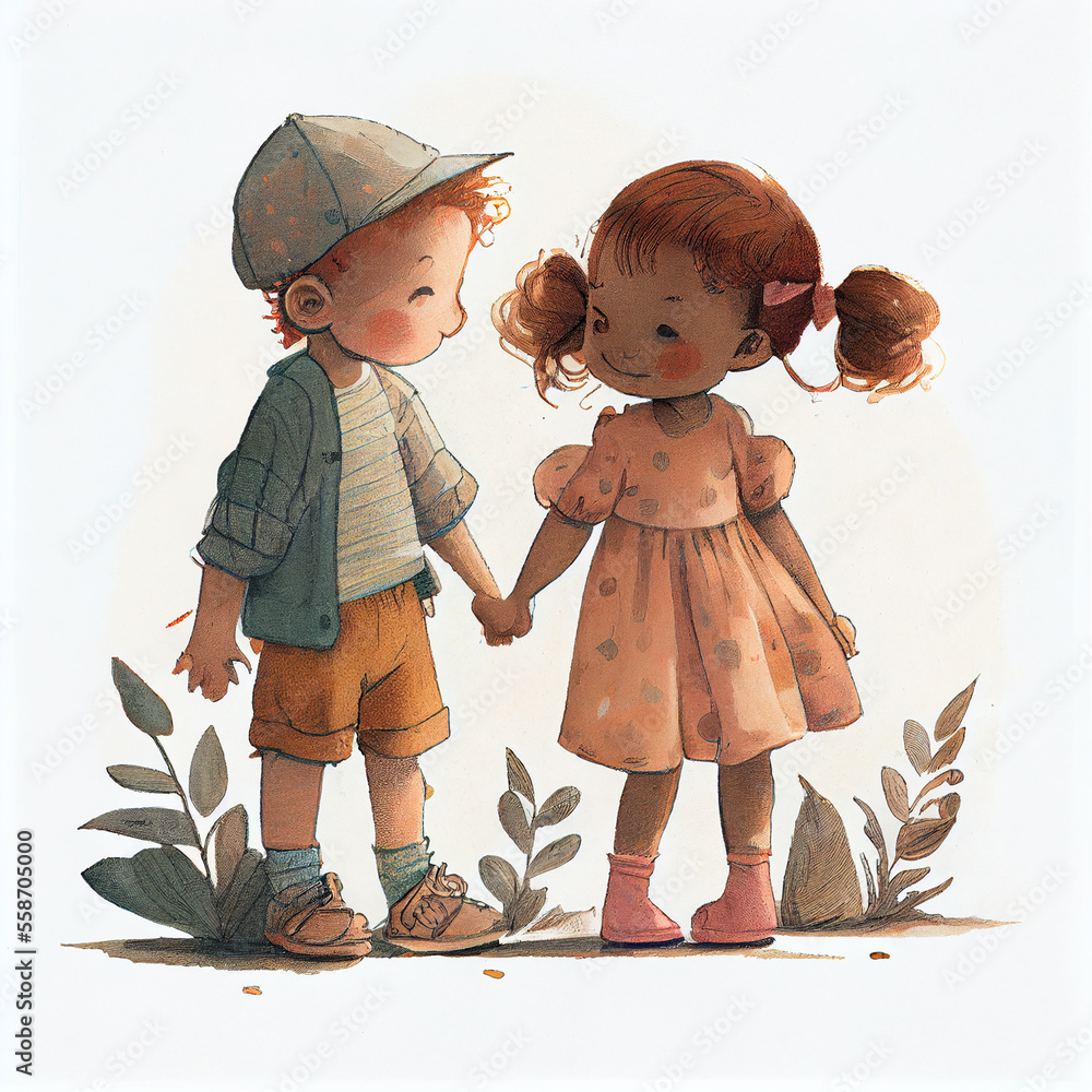 Cartoon. Happy cute little boy and girl holding hands. Generative AI Stock Illustration | Adobe ...