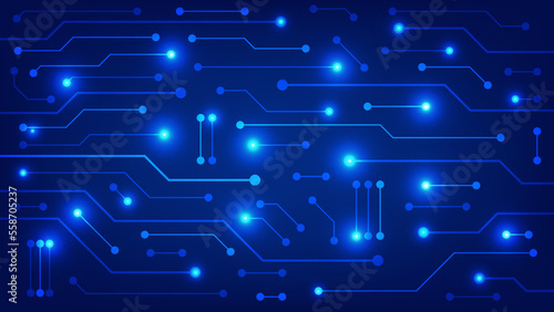 Hi tech digital circuit board. AI pad and electrical lines connected on blue lighting background. futuristic technology design element concept