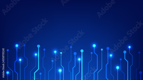 Hi tech digital circuit board. AI pad and electrical lines connected on blue lighting background. futuristic technology design element concept
