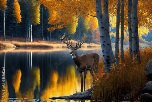 a painting of a deer standing in front of a lake surrounded by trees and foliage with a bird in the distance on a sunny day with yellow leaves on the water and the ground,.