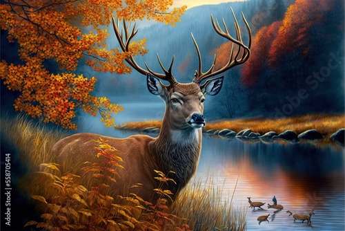 Fotobehang a painting of a deer standing next to a body of water with fall leaves on the trees and a few ducks in the water behind it, with a mountain in the background, and