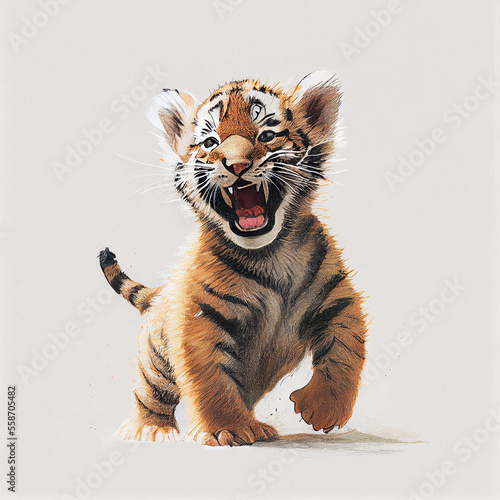 Cartoon. Cute baby tiger laughing and having fun. Generative ai