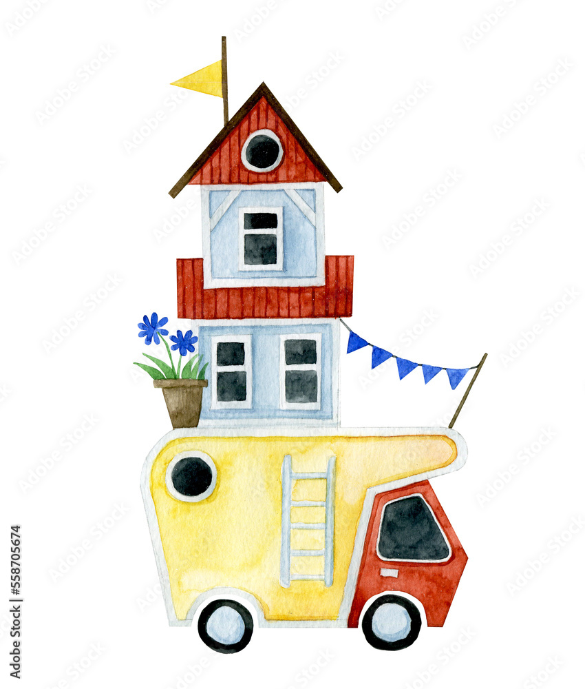 watercolor drawing. rooftop car. cute children's illustration on the theme of travel, moving, camping watercolor drawing. rooftop car. cute children's illustration on the theme of travel, moving, camping