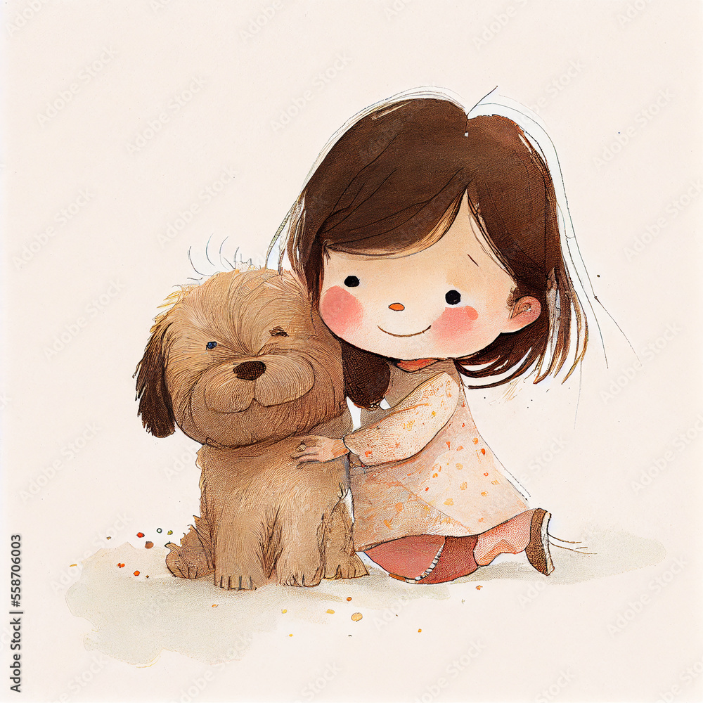 Cartoon cute happy girl having fun with a dog. Generative AI Stock ...