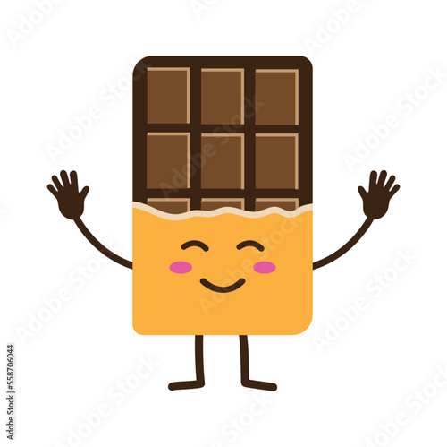 Chocolate with hands and face, cute happy funny chocolate bar, vector, cartoon character, illustration, icon. 