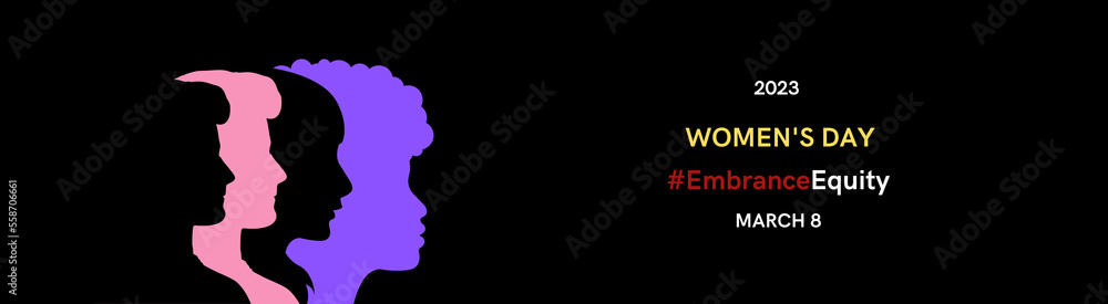 International Women's Day 2023 poster.
Poster with silhouettes of multi-ethnic women, poster with the slogan: Women's Day #EmbraceEquity.

