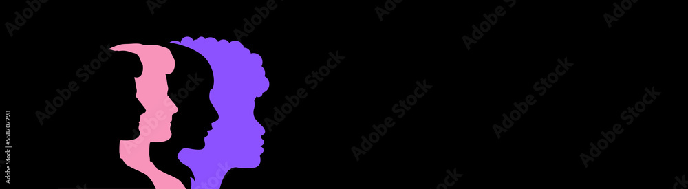 International Women's Day 2023 poster.
Poster with silhouettes of multi-ethnic women.
Poster with black background and copy space.