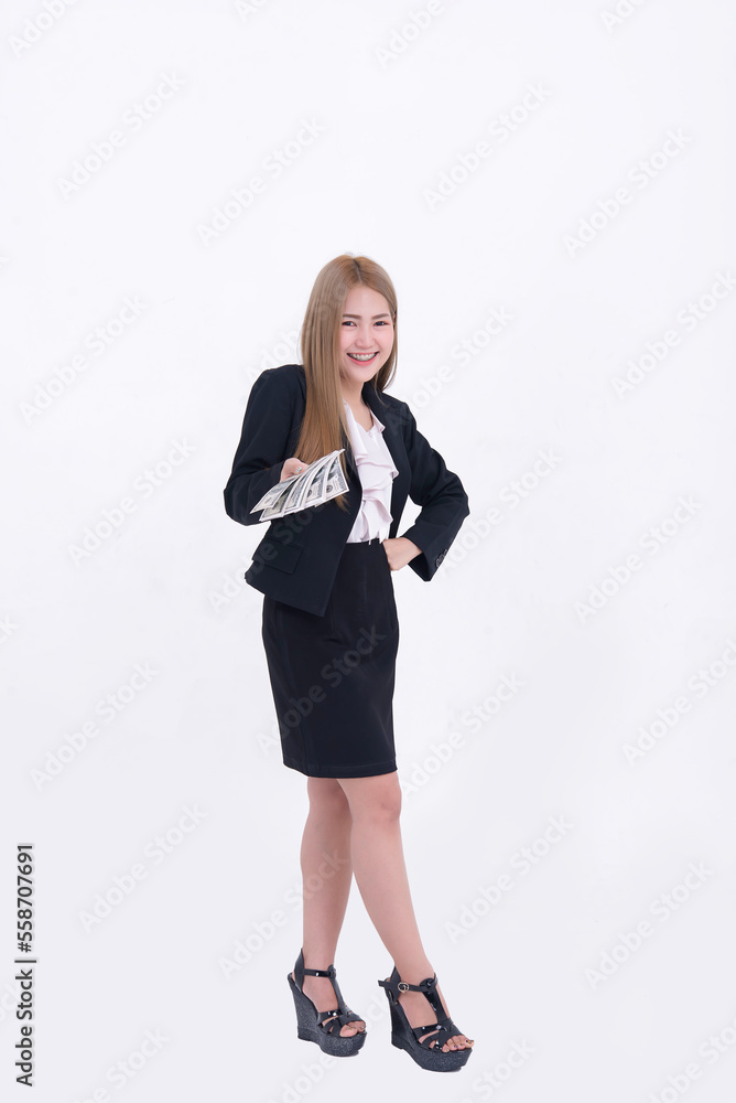 beautiful asian woman with dollar money in hand on white background,Worker has a lot of money,Day of pay,The salary of the employees,Thailand people beautiful asian woman with dollar money in hand on white background,Worker has a lot of money,Day of pay,The salary of the employees,Thailand people