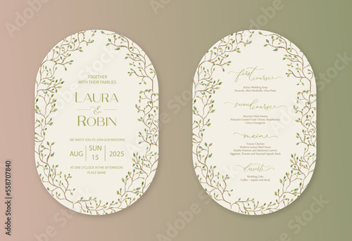 Luxury arch wedding invitation card background with green watercolor botanical leaves. Abstract floral art background vector design for wedding and vip cover template.