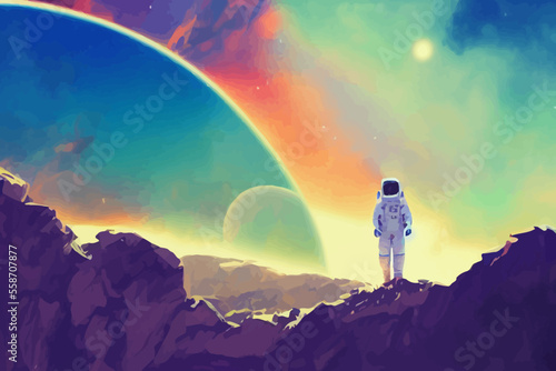astronaut standing on the another planet and looking at colorful circle on the sky