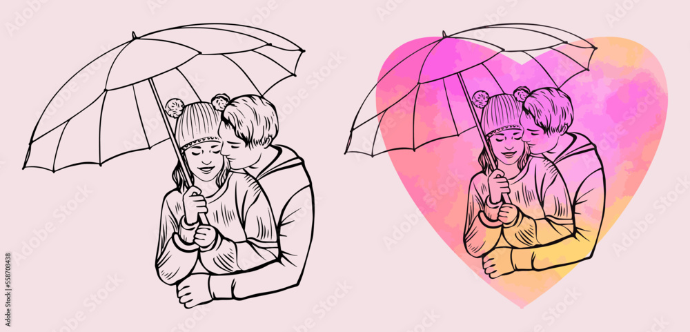 A love couple at heart. Vector black and white and color drawing. Valentine's Day. Love stories. Isolated drawing. Love, heart. A love couple at heart. Vector black and white and color drawing. Valentine's Day. Love stories. Isolated drawing. Love, heart.
