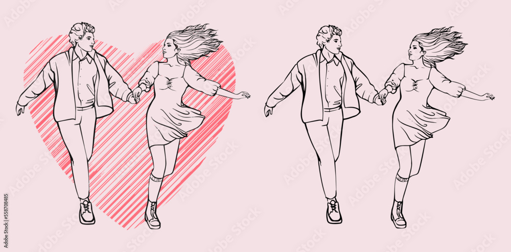 A love couple at heart. Vector black and white and color drawing. Valentine's Day. Love stories. Isolated drawing. Love, heart. A love couple at heart. Vector black and white and color drawing. Valentine's Day. Love stories. Isolated drawing. Love, heart.