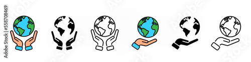 Hand hold earth globe simple line illustration, conceptual icon