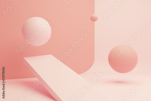 Three-dimensional abstract composition of spheres rolling up an orange slope on orange background