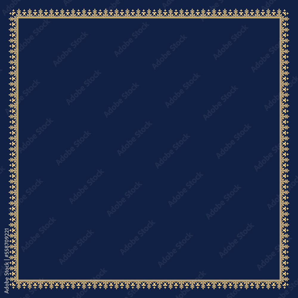 Decorative frame Elegant vector element for design in Eastern style, place for text. Floral golden and dark blue border. Lace illustration for invitations and greeting cards