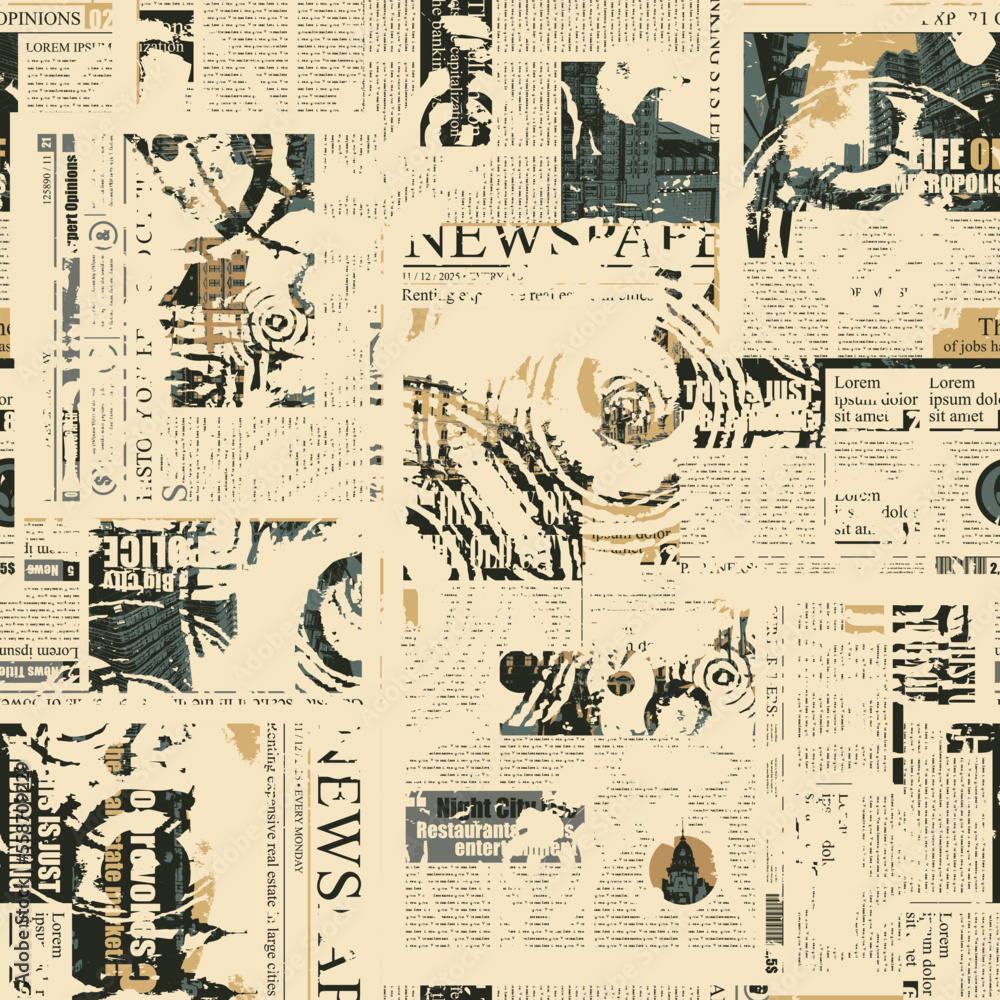 seamless pattern with collage of newspaper or magazine clippings. Vector background in retro style with titles, illustrations and imitation of text. Suitable for wallpaper, wrapping paper, fabric seamless pattern with collage of newspaper or magazine clippings. Vector background in retro style with titles, illustrations and imitation of text. Suitable for wallpaper, wrapping paper, fabric