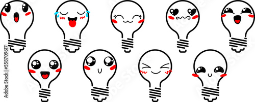 Set of Various Cartoon Bulbs with Emoticons. Doodle lightbulb  ideas  eyes and mouth. Caricature comic expressive emotions  smiling  crying and surprised character face expressions