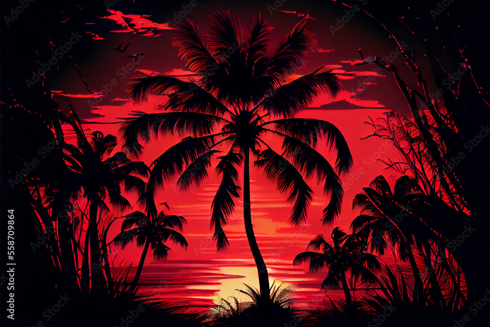 palm tree at red sunset with reflection on the sea made by Generative AI