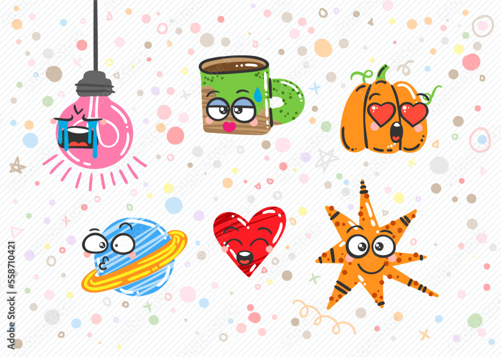 Set of Various Cartoon Elements with Emoticons. Doodle faces, eyes and mouth. Caricature comic expressive emotions, smiling, crying and surprised character face expressions Set of Various Cartoon Elements with Emoticons. Doodle faces, eyes and mouth. Caricature comic expressive emotions, smiling, crying and surprised character face expressions