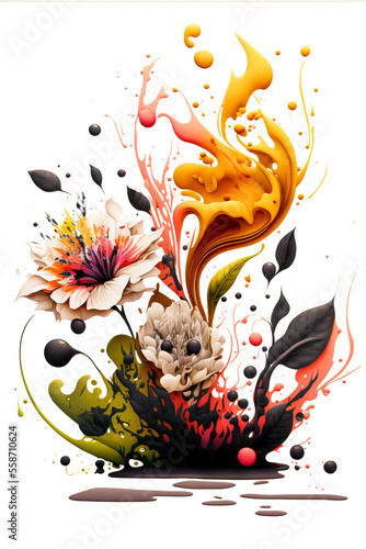 Colorful Arrangement of Flowers with Liquid paint splashes. On an isolated White background.
Generative Ai