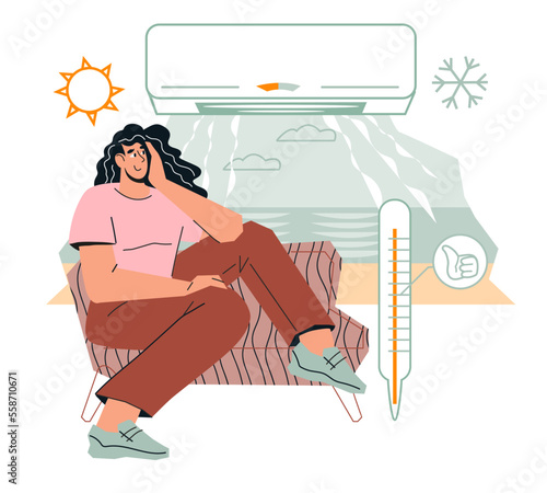 Woman resting under air conditioner flat vector illustration isolated on white background. Air conditioner maintenance and installing, repair service banner design.