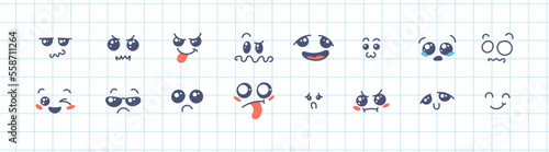 Various Cartoon Emoticons Set. Doodle faces, eyes and mouth. Caricature comic expressive emotions, smiling, crying and surprised character face expressions