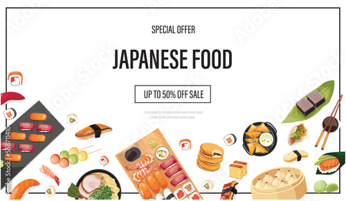Asian food, Japanese food. web pages for delivery sites, sushi rolls onigiri soy sauce, ramen, wok, noodles