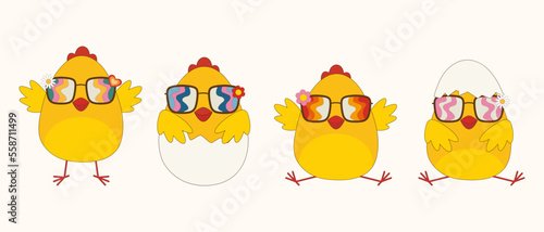 Vector set of easter cartoon chicks. Easter chicks in groovy hippie style.Design for t-shirts,posters,cards,print. Trendy retro 60s, 70s