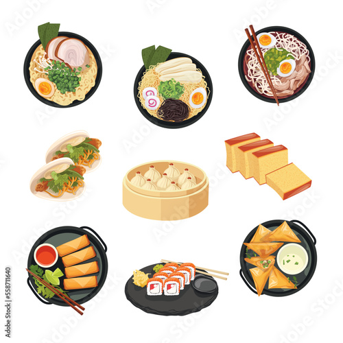 Korean food set menu isolated on white background illustration vector. (Japchae, Ramyeon, Naengmyeon, Bulgogi BBQ, Bossam and Gamjatang)