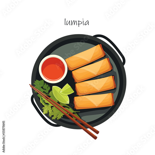 Chopsticks holding chinese spring rolls fried Lumpia isolated illustration vector. photo