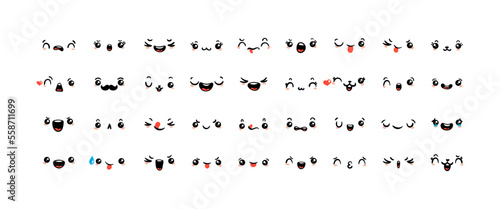 Various Cartoon Emoticons Set. Doodle faces, eyes and mouth. Caricature comic expressive emotions, smiling, crying and surprised character face expressions