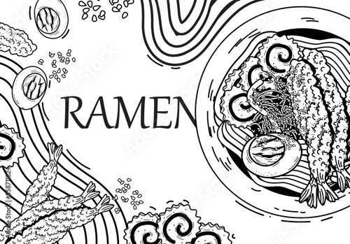 Traditional Japanese ramen and wave for restaurant printing on wallpaper.