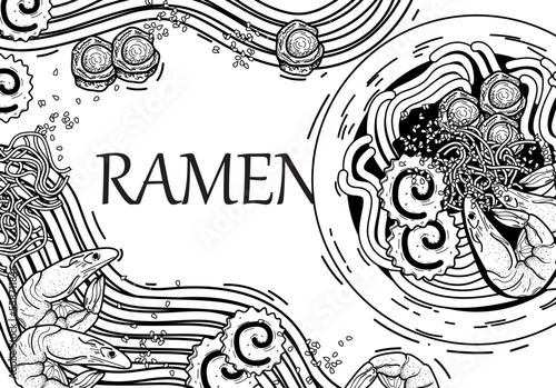 Traditional Japanese ramen and wave for restaurant printing on wallpaper.