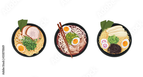 Japanese Food. Udon, Soba, Ramen, Salmon Ikura Don, Katsudon and Tendon. Illustration vector.