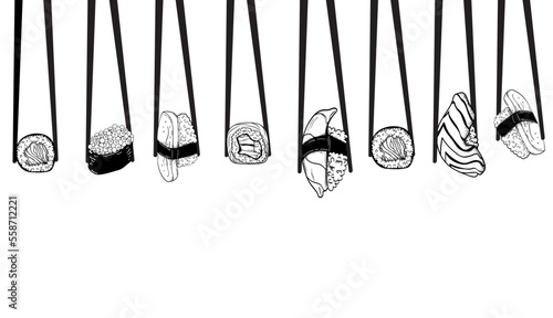 Vector card design with ink hand drawn sushi illustration. Vintage template with traditional asian food sketch.