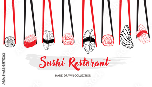 Vector card design with ink hand drawn sushi illustration. Vintage template with traditional asian food sketch.