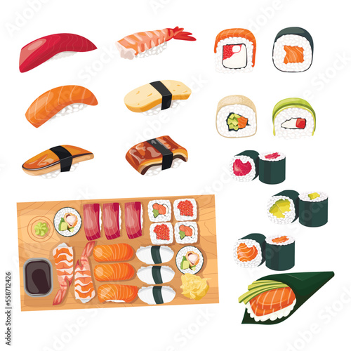 Vector set japanese food illustration for seafood sushi rolls shop design. Sushi icons set.